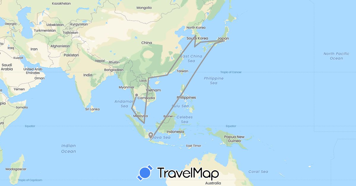 TravelMap itinerary: plane in China, Indonesia, Japan, South Korea, Malaysia, Philippines, Singapore, Thailand, Vietnam (Asia)